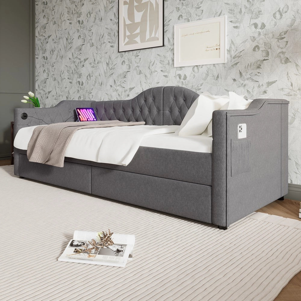 Letto Imbottito Contenitore con USB e Cassetti ¨C MINIMAL ¨C Tessuto Grigio 90x200 senza materasso