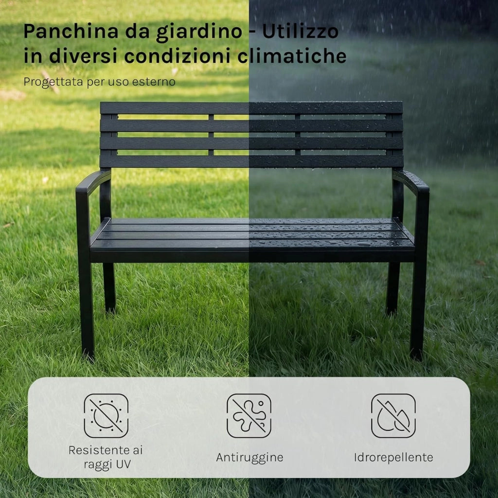 Panca da Giardino 115x55x85 cm, Panchina da Esterno con Schienale e Braccioli, 2-3 Posti, Struttura in Metallo, Resistente alle Intemperie, Portata 280 kg, per Cortile, Terrazza, Prato, Nero