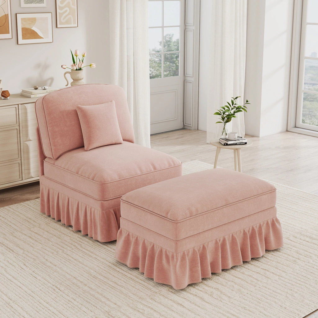 Poltrona Lounge con Pouf ¨C MINIMAL ¨C Tessuto Chenille Rosa, Gambe a Fusello