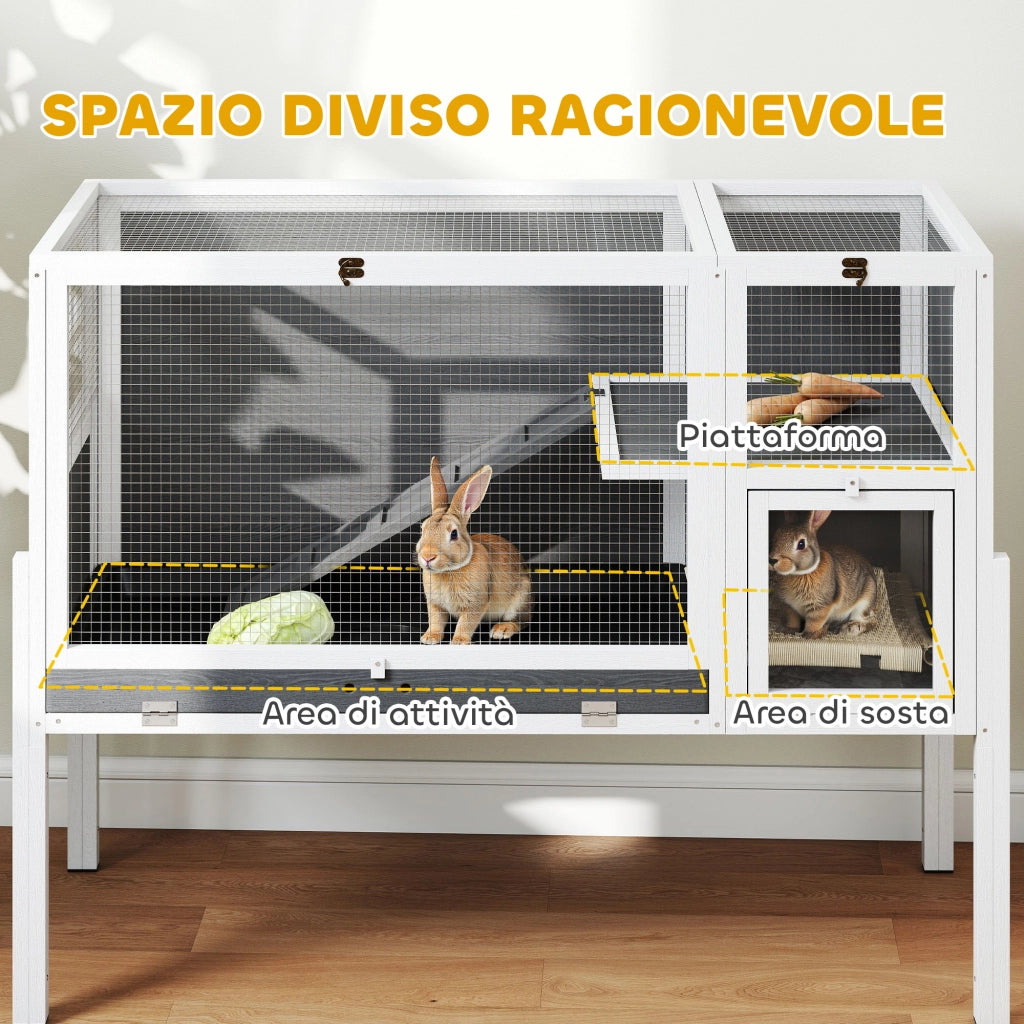 Gabbia per Conigli e Criceti da Interno 120x53x93 cm Rialzata con Vassoio Estraibile e Tetto Apribile in Legno Grigio
