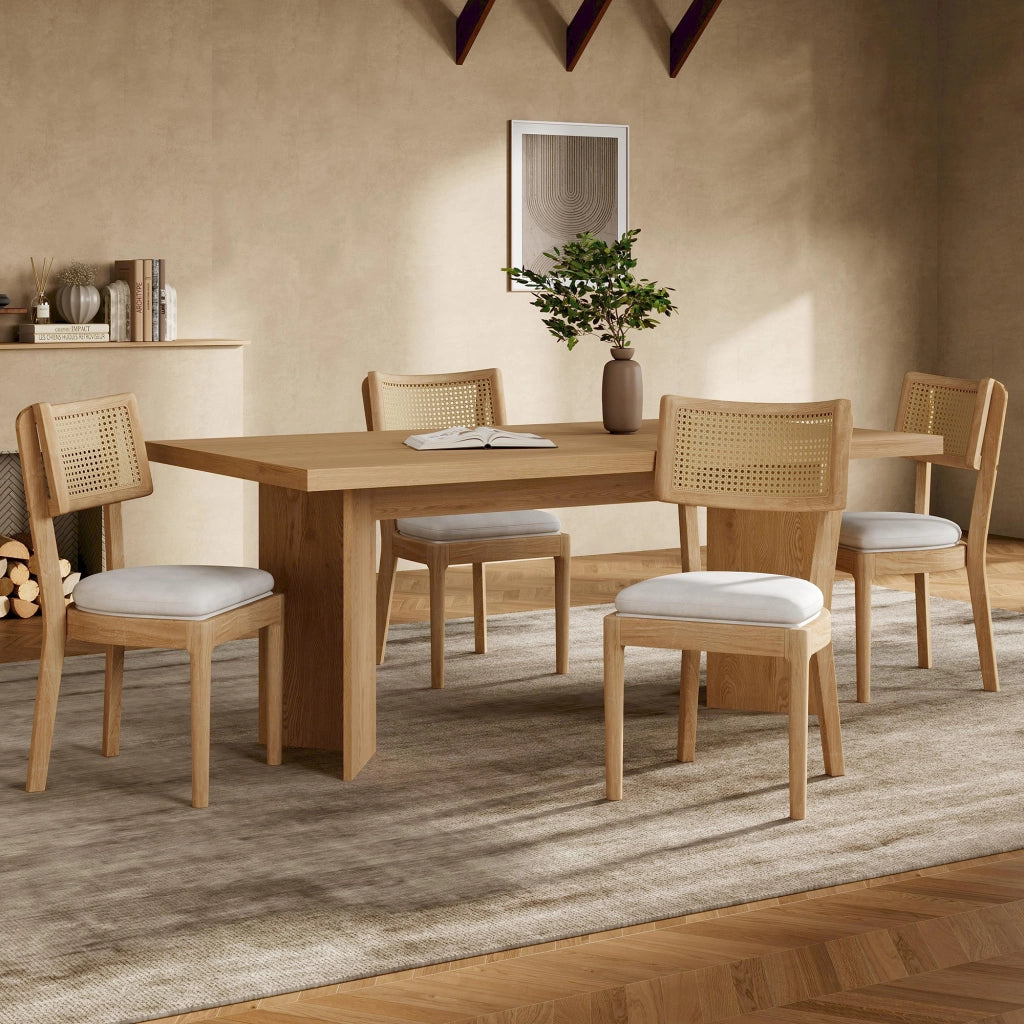 Set di 2 sedie da pranzo in legno massello con schienale in rattan e cuscino in lino, stile moderno, colore legno