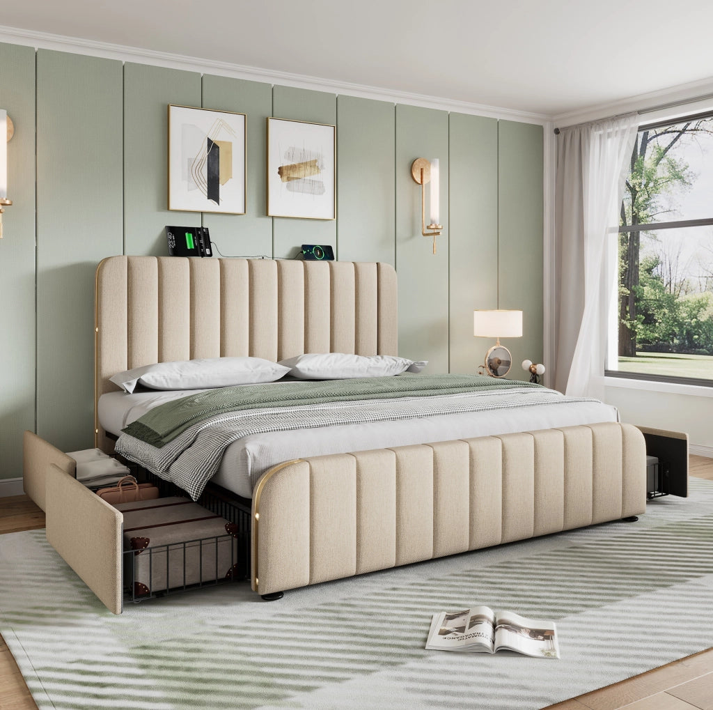 Letto matrimoniale imbottito 160x200 cm con 4 cassetti e USB/Type-C; rivestimento in lino beige