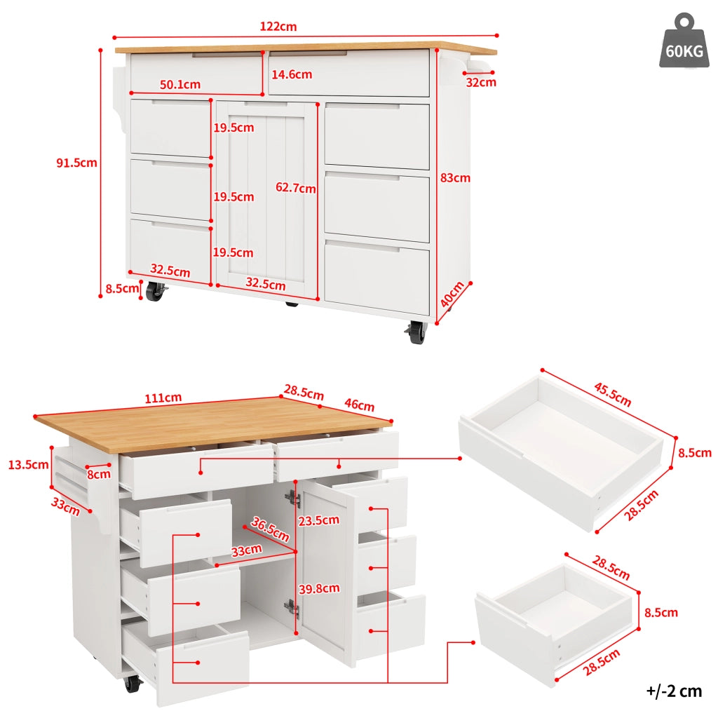 Carrello da cucina con 8 cassetti; armadietto; piano ribaltabile e ruote; MDF; 122 x 46 x 91;5 cm; bianco