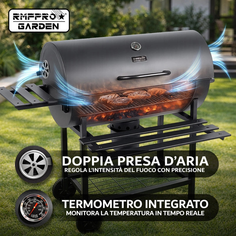 RMF Barbecue a Carbonella con Griglia XL con Termometro Integrato - Kit Accessori e Copertura inclusi, Carrello in Acciaio Resistente con Ruote, Ripiani Laterali Pieghevoli, Cassetto Raccogli-Cenere