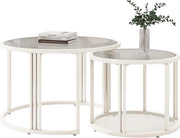 Set di tavoli salotto da 2 - Tavoli salotto rotondi - Tavolo da appendiabito con superficie in vetro - Set elegante di tavoli da caffè - Acciaio inossidabile bianco - Vetro