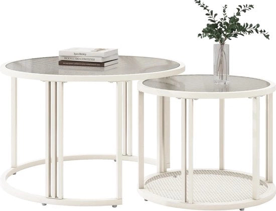Set di tavoli salotto da 2 - Tavoli salotto rotondi - Tavolo da appendiabito con superficie in vetro - Set elegante di tavoli da caffè - Acciaio inossidabile bianco - Vetro