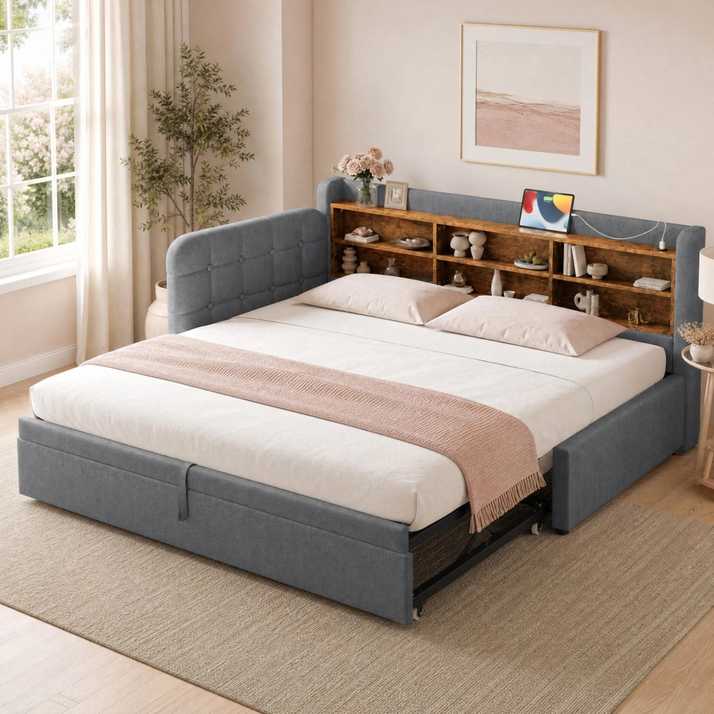 Letto estraibile 90x200 cm grigio con USB-C, vani portaoggetti e rete