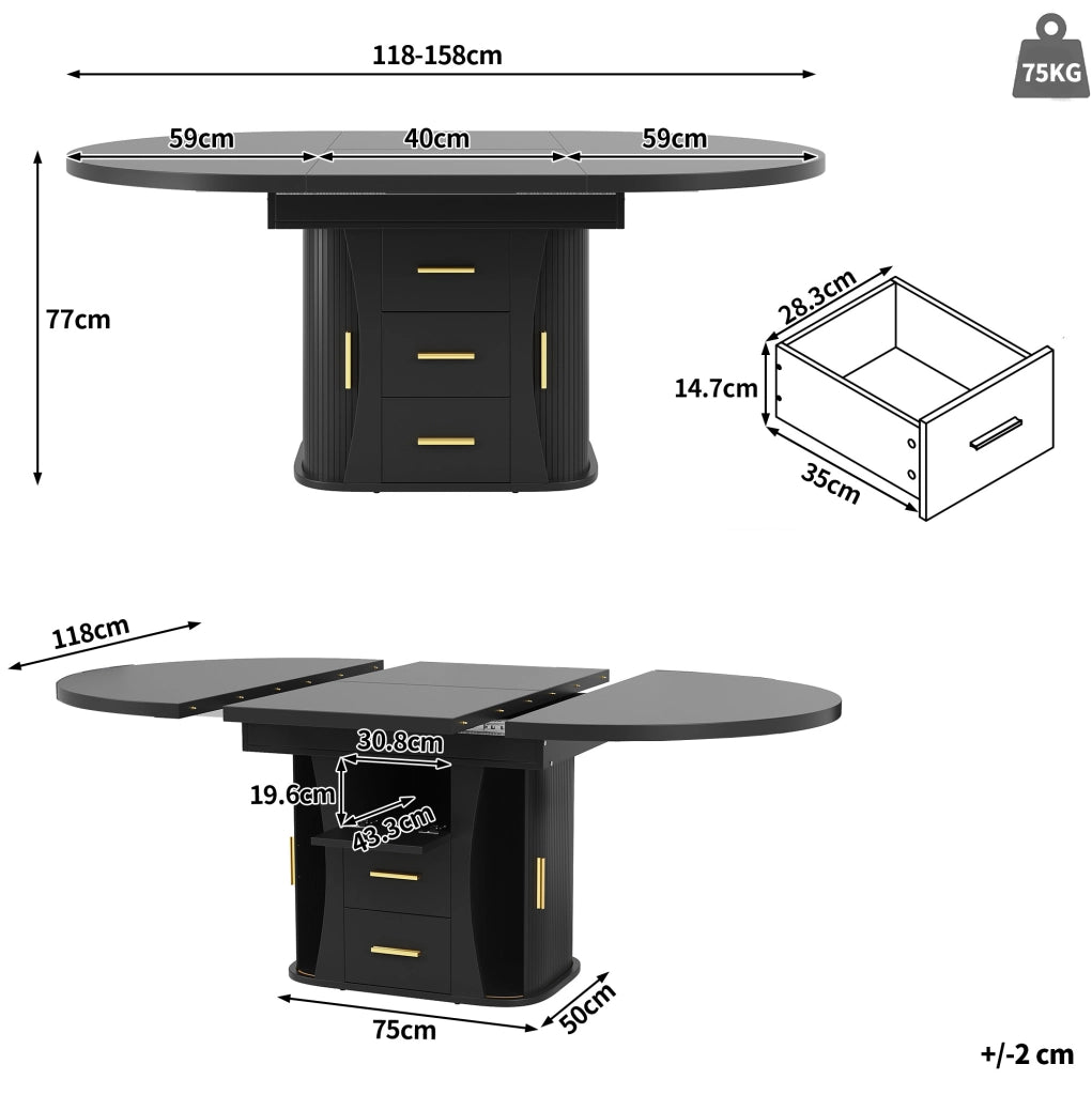 Tavolo da pranzo allungabile 118-158 cm nero in MDF con contenitore, 6 posti