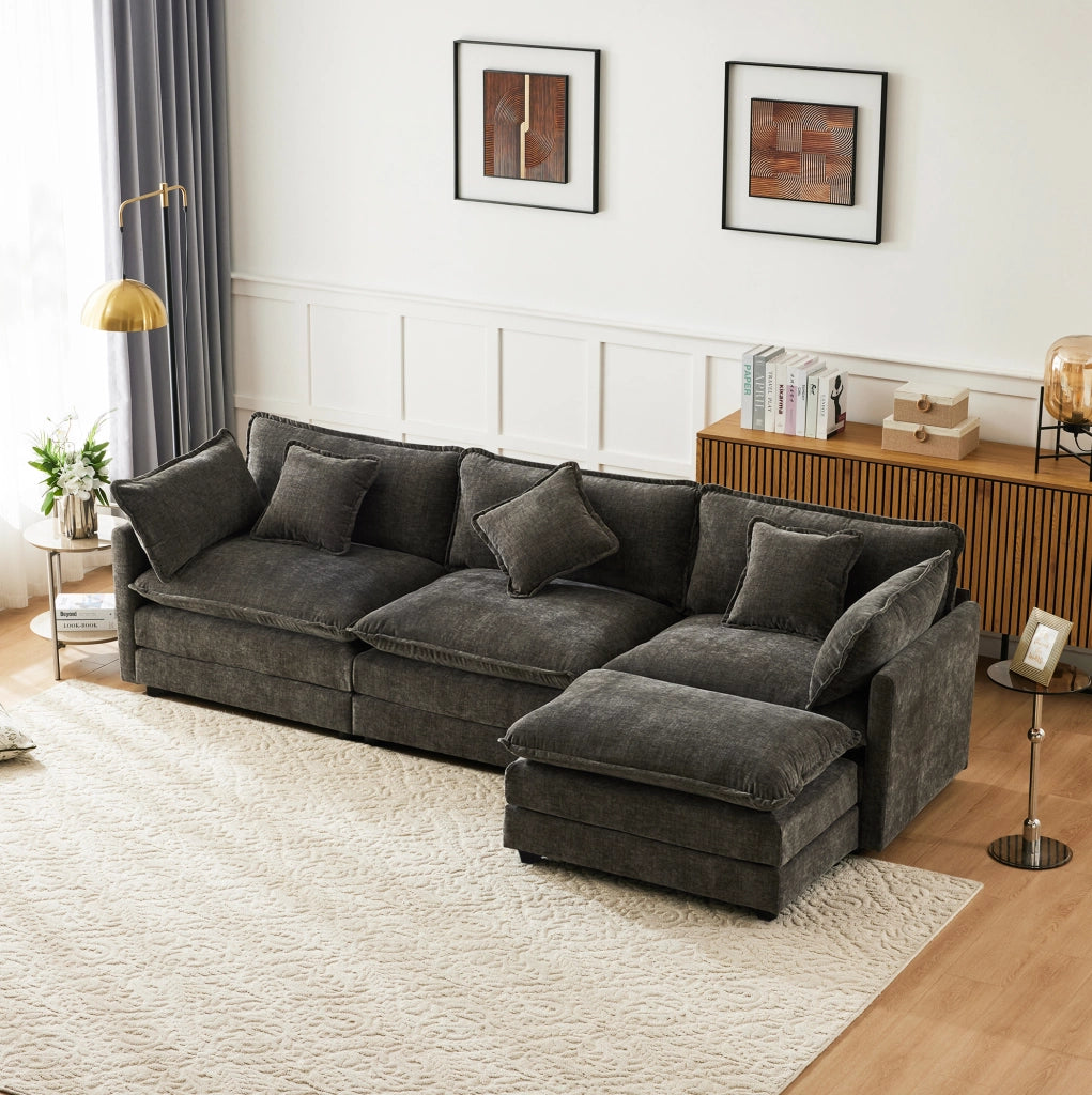Divano 3 posti in ciniglia con pouf mobile e chaise longue a L componibile; grigio scuro