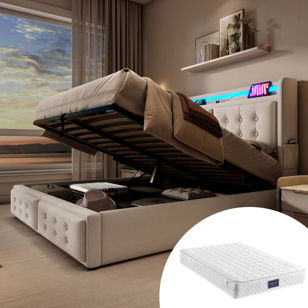 LETTO 160x200 cm con materasso incluso, Beige, Cotone-Lino, LED e USB