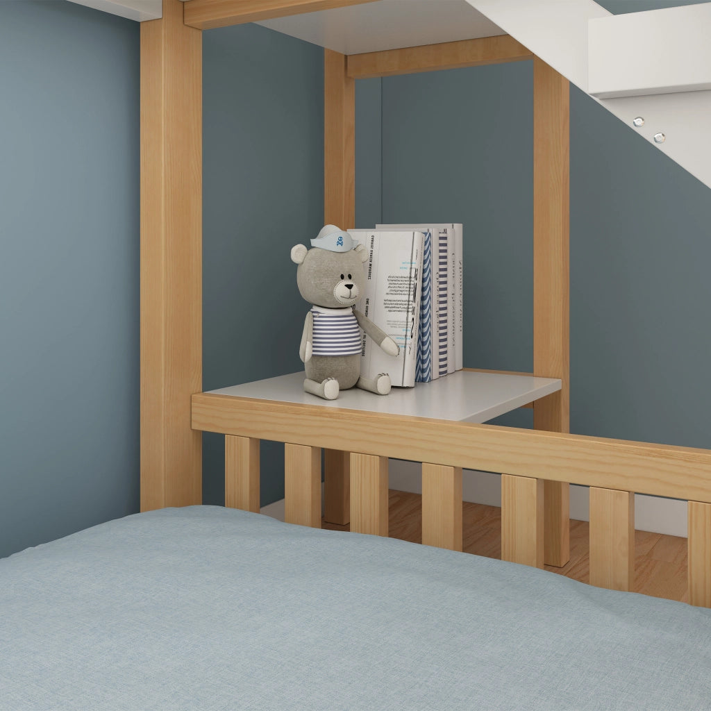 Letto a Castello 90x200 cm e 90x200 cm; 2 Posti - Scaffale e Scivolo - in Legno - Bianco e Naturale