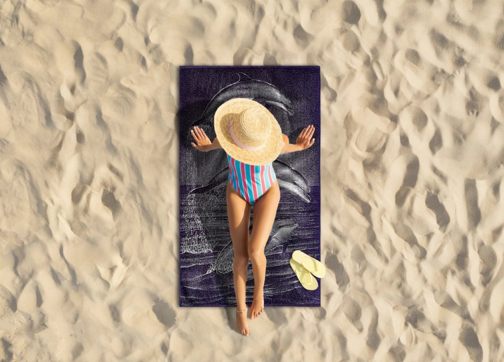 Telo Mare Jacquard Spugna Asciugamano Spiaggia Disegno Dolphin Moon KR - Telo Mare - Black-White