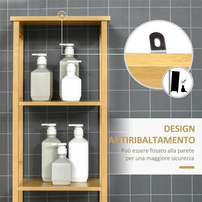 MOBILE BAGNO A 3 RIPIANI E CREDENZA DESIGN A DOGHE 34X30X173CM LEGNO NATURALE