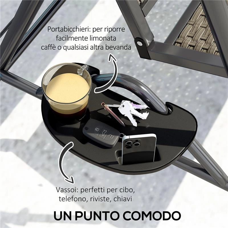 DONDOLO DA GIARDINO 3 POSTI IN RATTAN PE E ACCIAIO CON TETTUCCIO E PORTABICCHIERI, 204X112X150 CM, GRIGIO