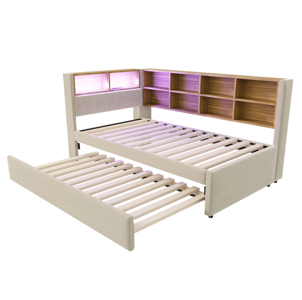 Divano letto 90x200 cm con letto estraibile; LED e contenitori in flanella beige