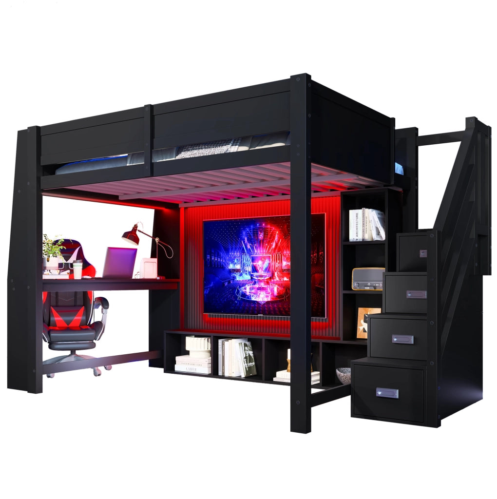Letto a soppalco 140x200 cm nero con scrivania, LED e scala