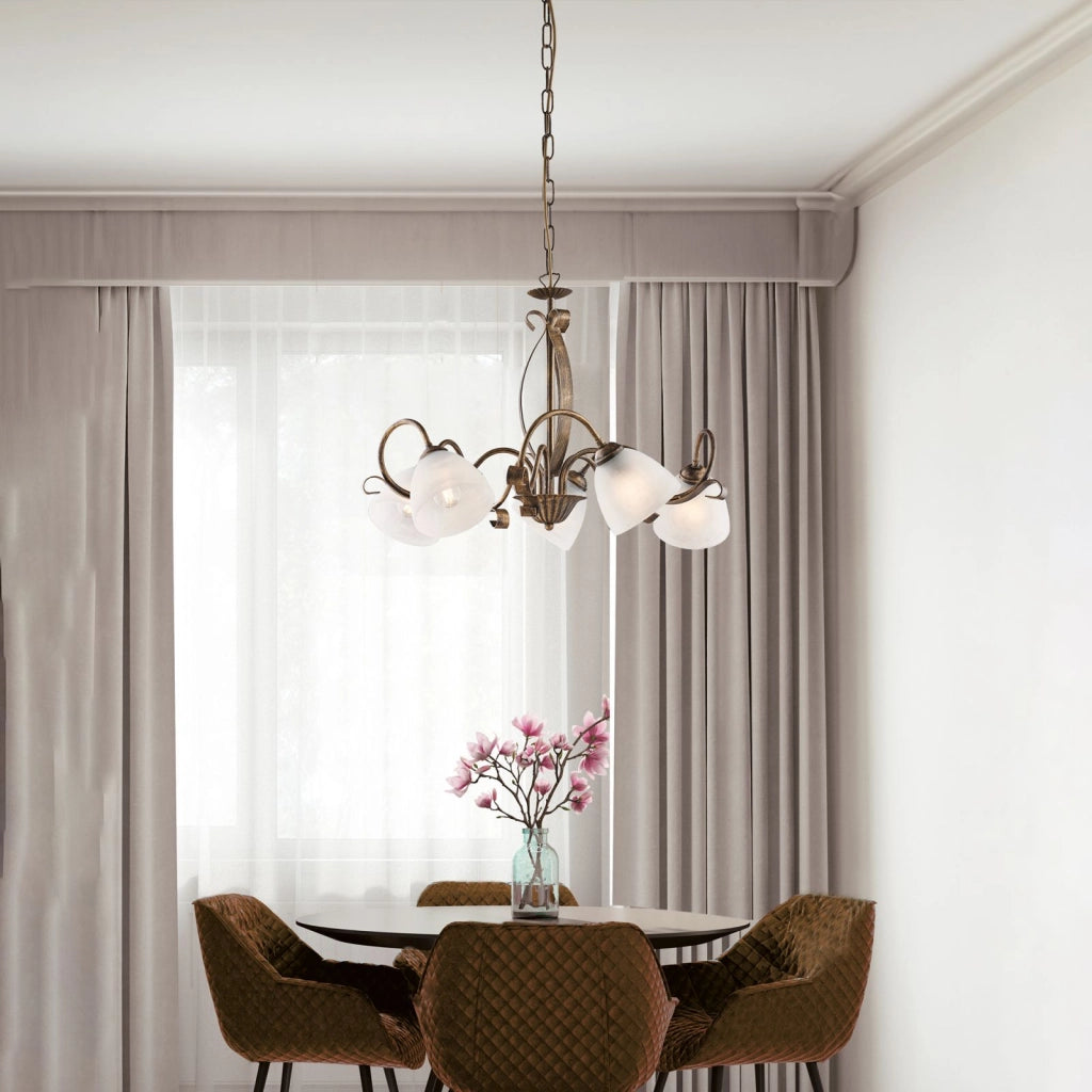 Lampadario in ferro laccato marrone con decorazione oro antico e diffusori in vetro diametro 13 alabastro bianchi 5 luci