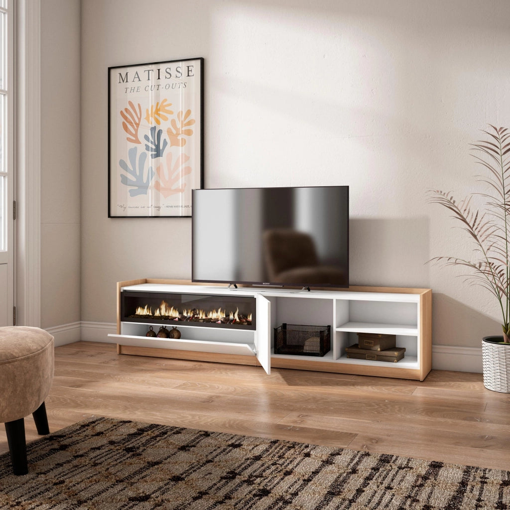 Mobile TV Soggiorno, 207x50x37 cm, Per TV fino a 80", Camino elettrico, Bianco e Rovere soft