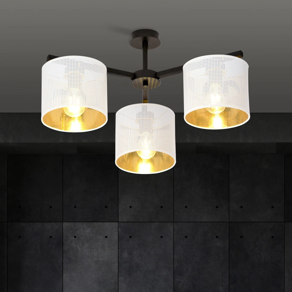 Plafoniera Industrial 3 Luci Cigno In Acciaio Bianco E Paralumi A Cilindro Oro
