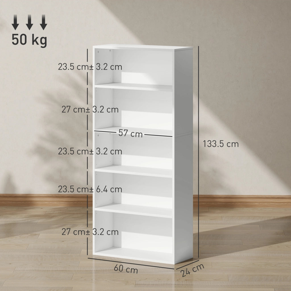 Mobile Libreria a 5 Ripiani con 3 Scaffali Flessibili, in Legno, 60x24x133.5 cm, Bianco