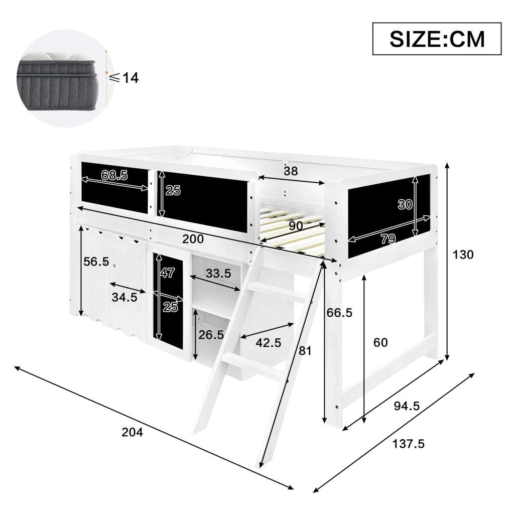 Hochbett bianco con armadi a doppia anta e lavagna integrata in abete MDF compensato 90x200 cm