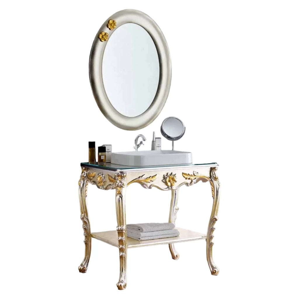 Mobile bagno barocca in foglia argento platino con particolari foglia oro misura : l. 85 x h. 85 x p.58