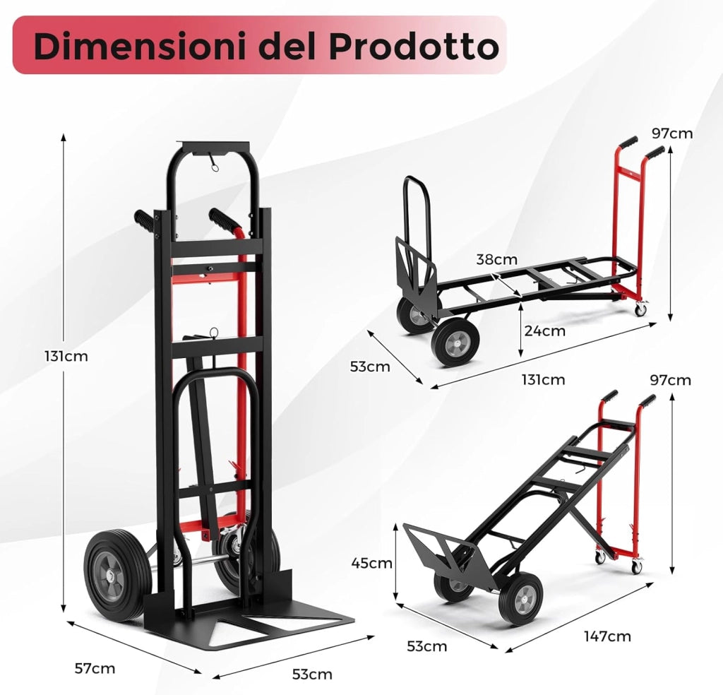 3 in 1 Carrello a Mano, Carrello Portapacchi con 4 Ruote in Gomma, Carrello Pieghevole per Trasporto e Spostamento in Magazzino, Casa, Portata Massima 450 kg (Rosso)
