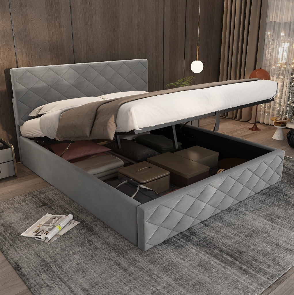 Letto 140x200 cm con alzata idraulica; rete a doghe e contenitore in velluto grigio