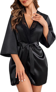 Kimono da camera con cintura e V-collo per donne, notturno da sposa in tessuto leggero, nero, XXL