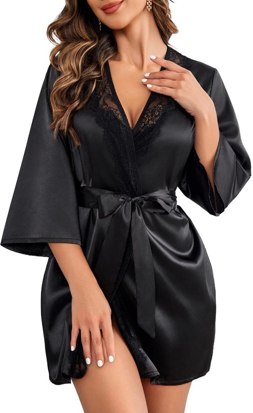 Kimono da camera con cintura e V-collo per donne, notturno da sposa in tessuto leggero, nero, XXL