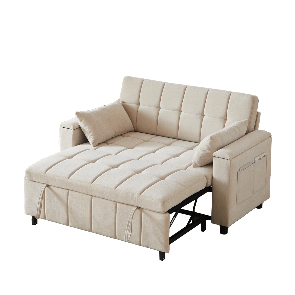 Divano letto 2 posti estraibile con contenitore nei braccioli e tasche laterali in ciniglia beige
