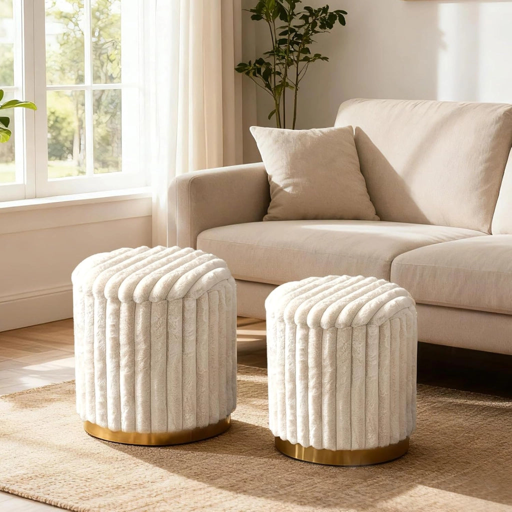 Set di 2 Pouf Rotondi 32 L + 21 L, Pouf Poggiapiedi Imbottito in Pelo di Coniglio con Coperchio Rimovibile e Contenitore Nascosto, Sgabelli Impilabili per Soggiorno e Camera da Letto, Beige