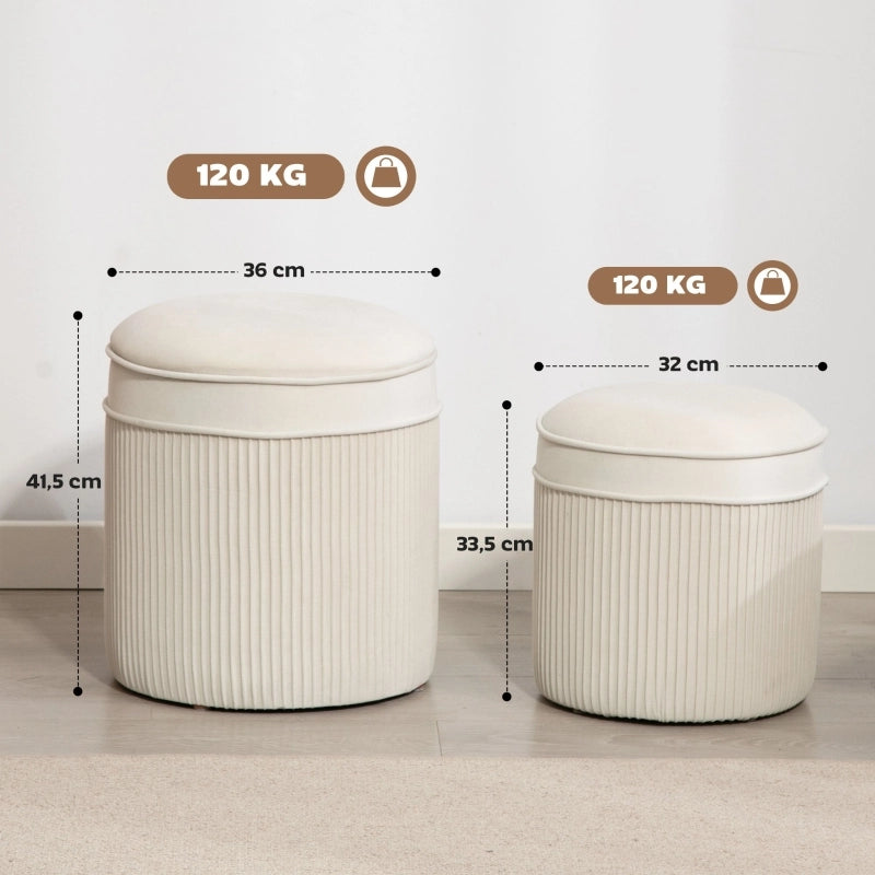 Pouf contenitore 2 pezzi con coperchio e spazio nascosto in poliestere bianco crema