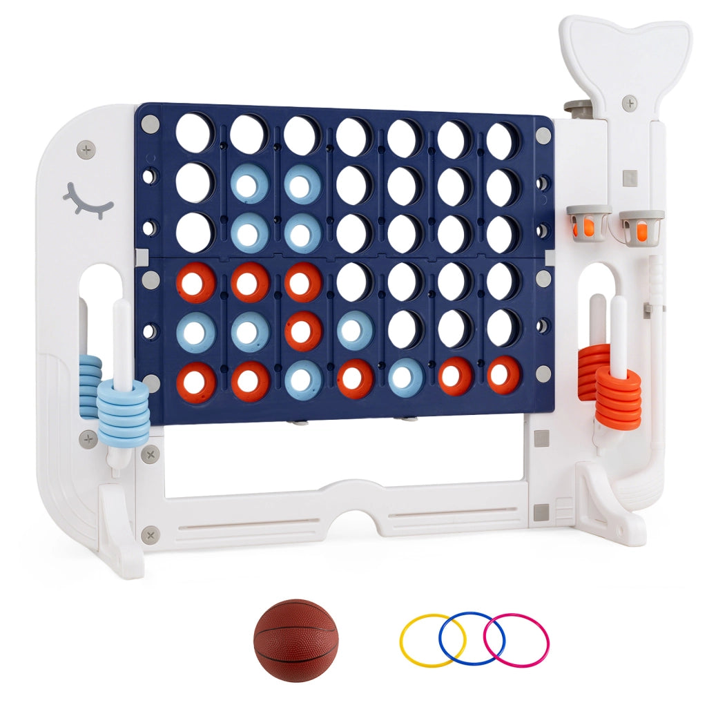 Forza 4 gigante altezza regolabile per bambini, Gioco 4 in linea 42 pedine pallone basket 2 palline mazza golf 3 anelli 2 portabicchieri Blu scuro