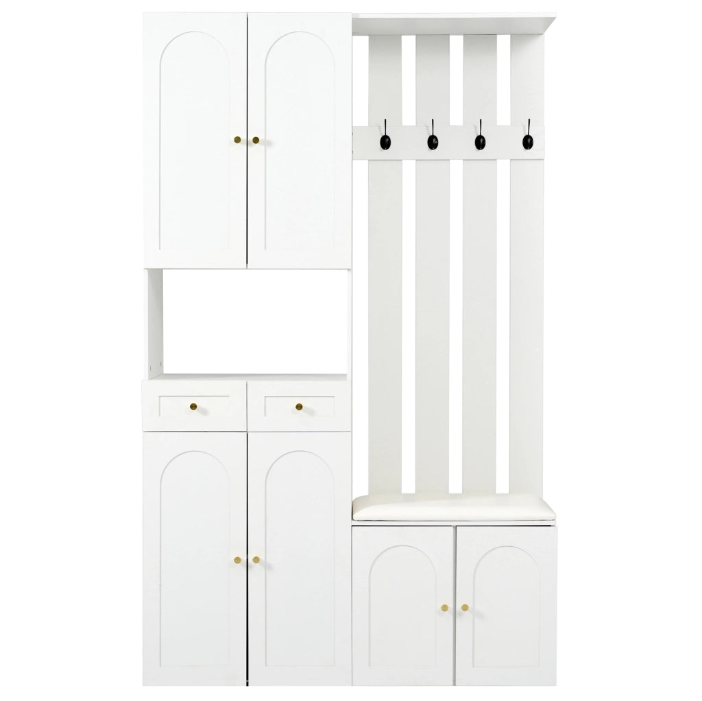 Set da ingresso 110x37x180 cm con panca, scarpiera, 4 ganci e 6 ante bianco