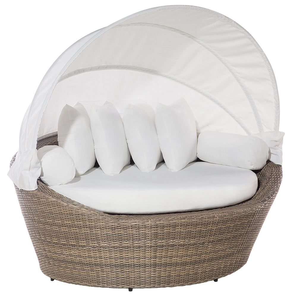 Lettino da giardino in finto rattan bianco e marrone con cuscini resistente agli agenti atmosferici