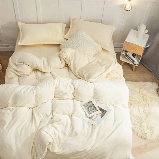 Piumino caldo invernale, 135 x 200 cm, bianco crema, tocco cashmere, coprifuoco con cuscino 80 x 80 cm, 2 pezzi, piuma coral fleece, microfibra, set di coprifuoco invernale con chiusura a cerniera.