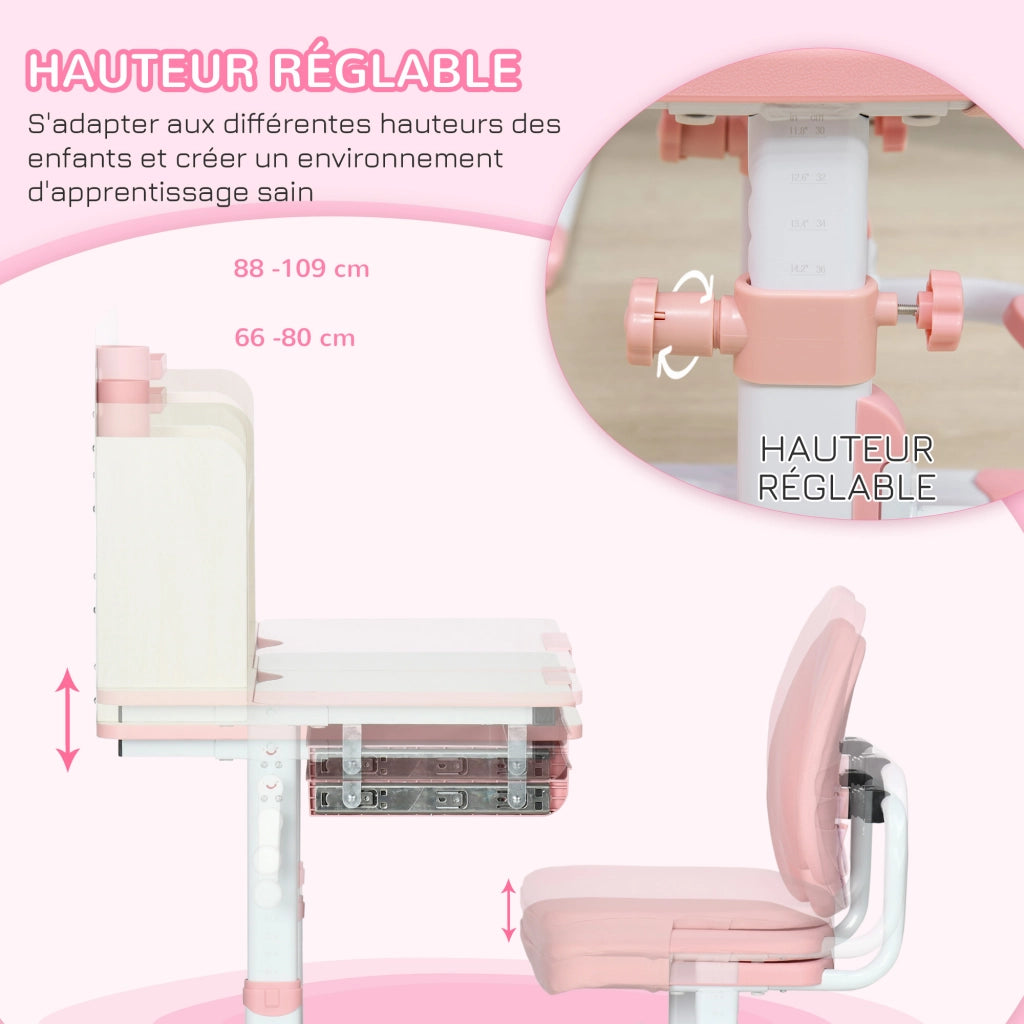 Scrivania con Sedia per Bambini ¨C Xylo ¨C Altezza Regolabile Rosa 80x52x88-109cm