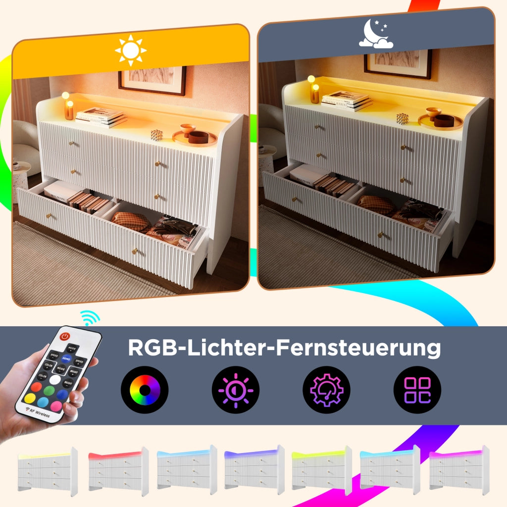 Credenza con 6 Cassetti e LED; Design Scanalato Ondulato; Stile Moderno; in Pannello Truciolare; 120??40??75 cm; Bianco