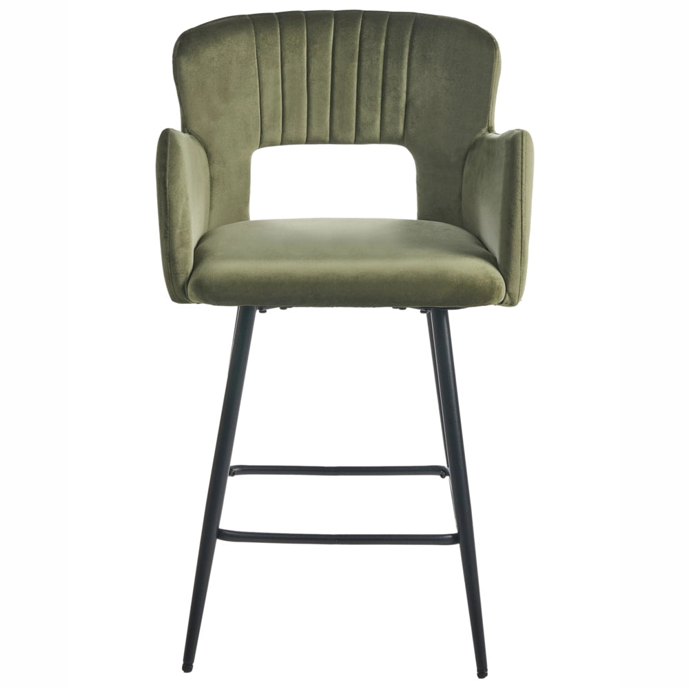 Set di 2 sgabelli da bar velluto verde oliva braccioli schienale intagliato gambe in metallo moderna industriale
