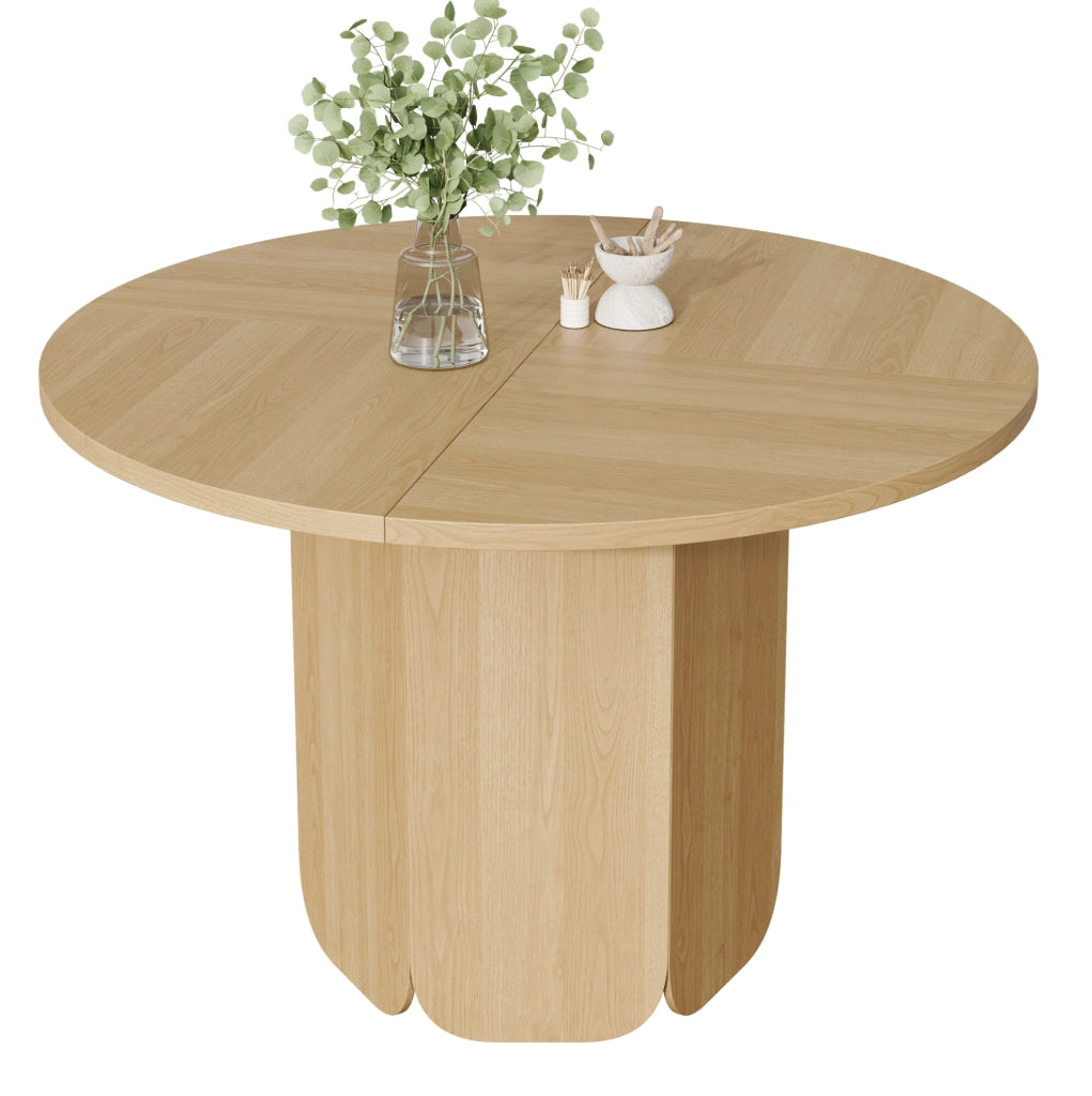 Tavolo da pranzo rotondo 120 cm in MDF colore rovere; stile nordico per 4-6 persone