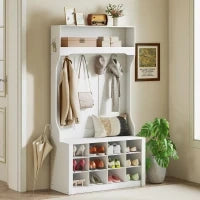 Attaccapanni con Scaffale, Panca, Ganci, Scomparti per le Scarpe, in Truciolato, 100x35x172,2 cm, Bianco