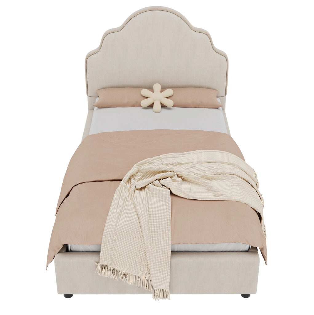 Letto singolo 90x200 cm con testiera imbottita; lino; beige