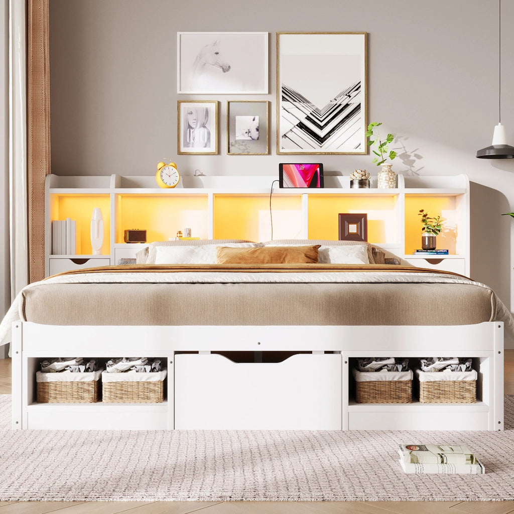 Struttura letto 140x200 con contenitore; LED a sette colori e USB; bianca