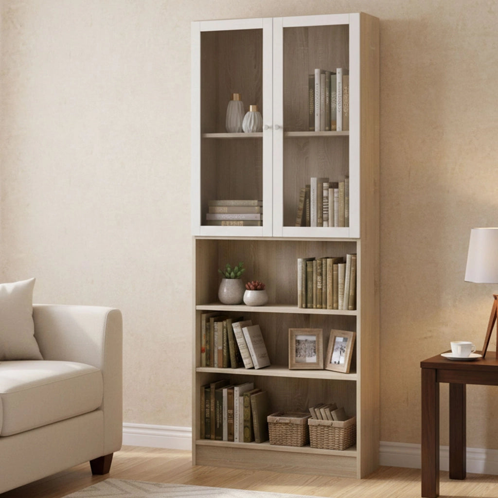 Libreria Chedeng, Scaffale da ufficio, Mobile portalibri, Biblioteca, 79x28 h203 cm, Quercia e Bianco