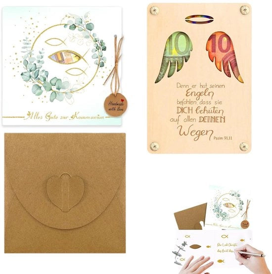 Carta di auguri pop-up cristiana - Immagine di un pesce - Carta di auguri innovativa - Regalo di denaro per battesimo/comunione/confirmazione - Ornamento in legno - Inclusa busta