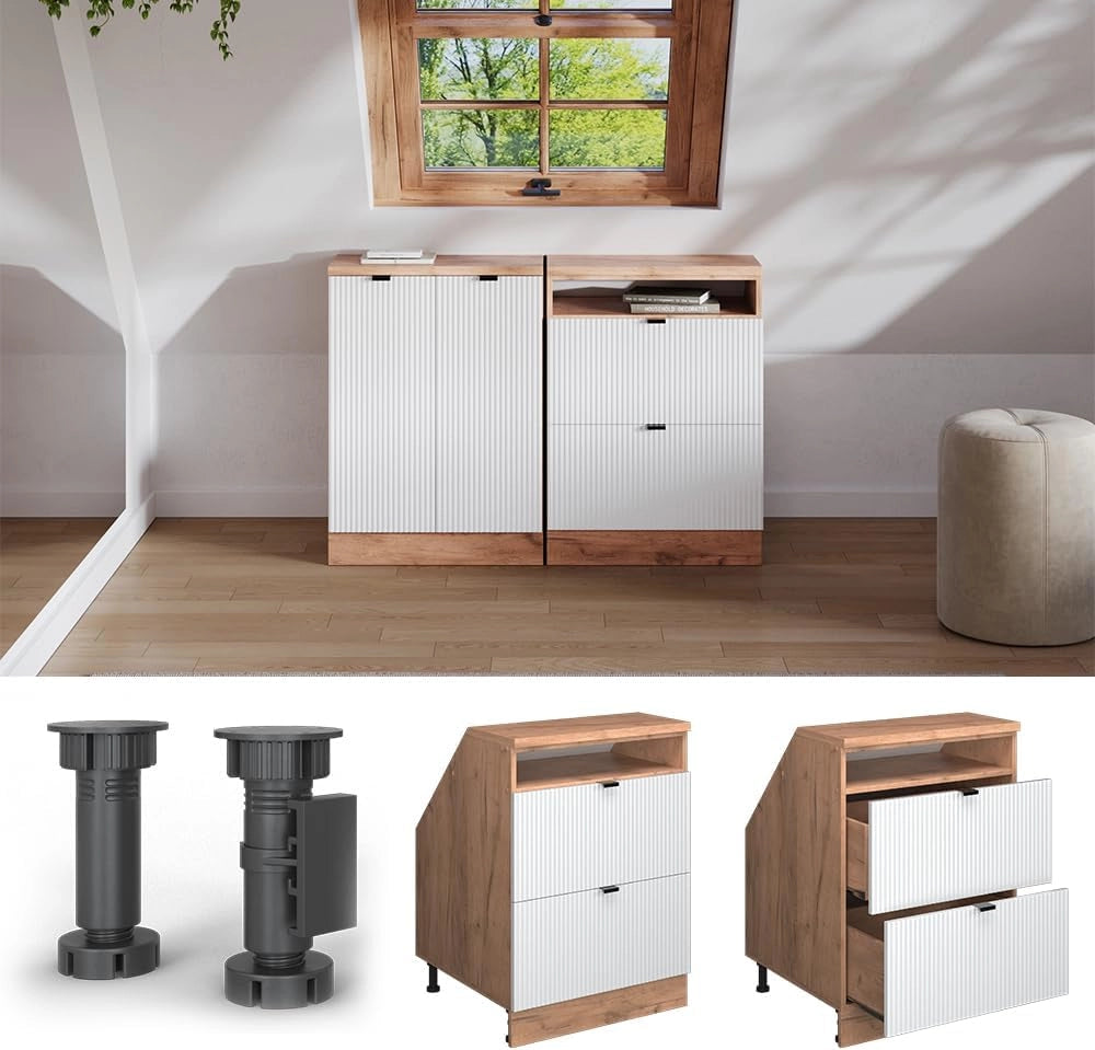 Mobile sottotetto Rion, Ondulazione bianca, 60 x 81.6 cm con 2 cassetti, carcassa 60 cm profondità, adatto per il salvaspazio sotto tetti spioventi