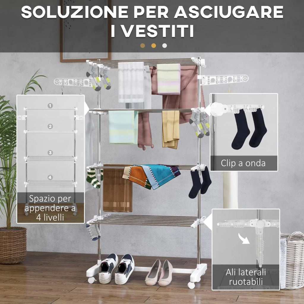 Stendibiancheria 4 Piani Regolabile in Acciaio Inox Premium