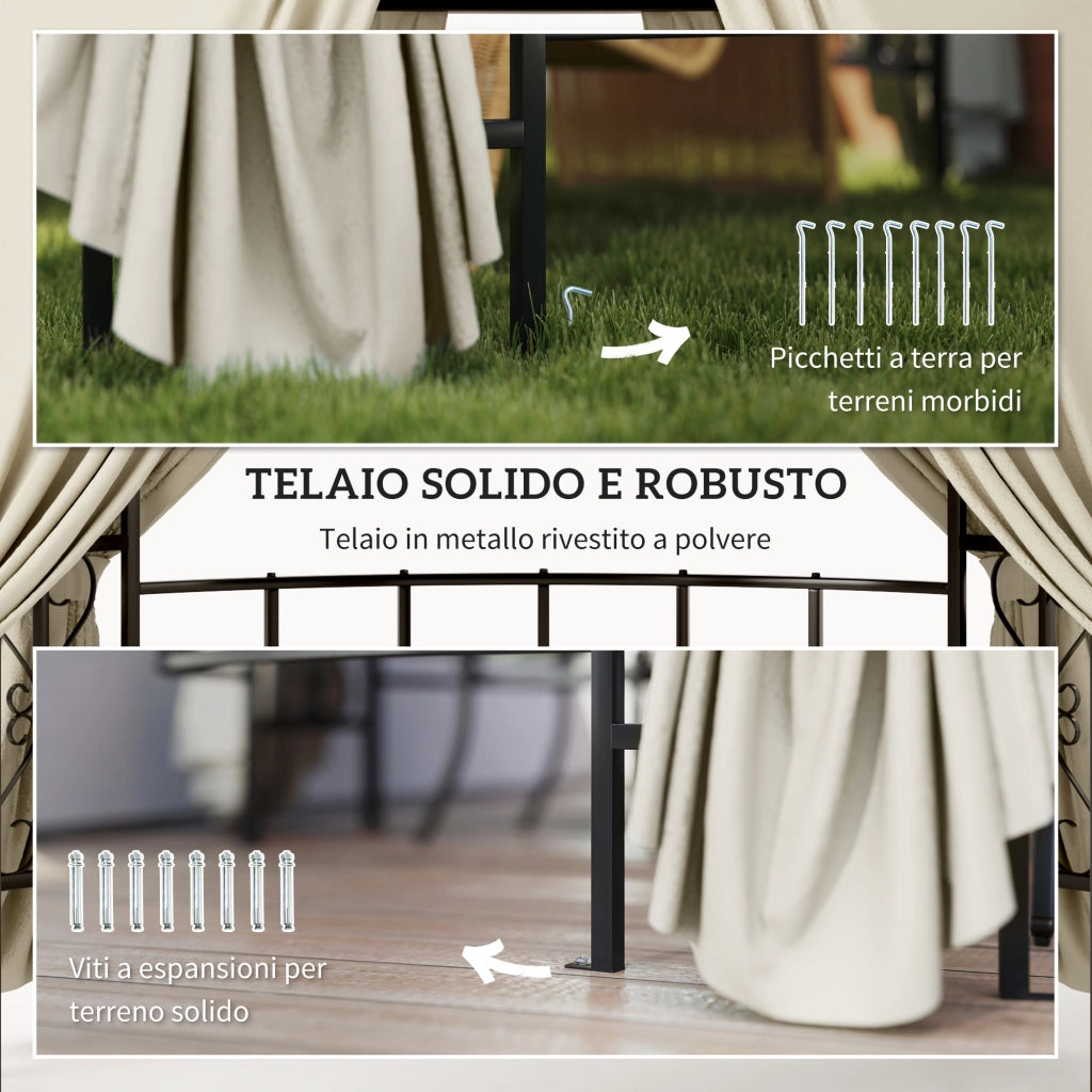 Gazebo da Giardino Rotondo ?3m con Tende e Prese d'Aria in Metallo e Poliestere, Beige