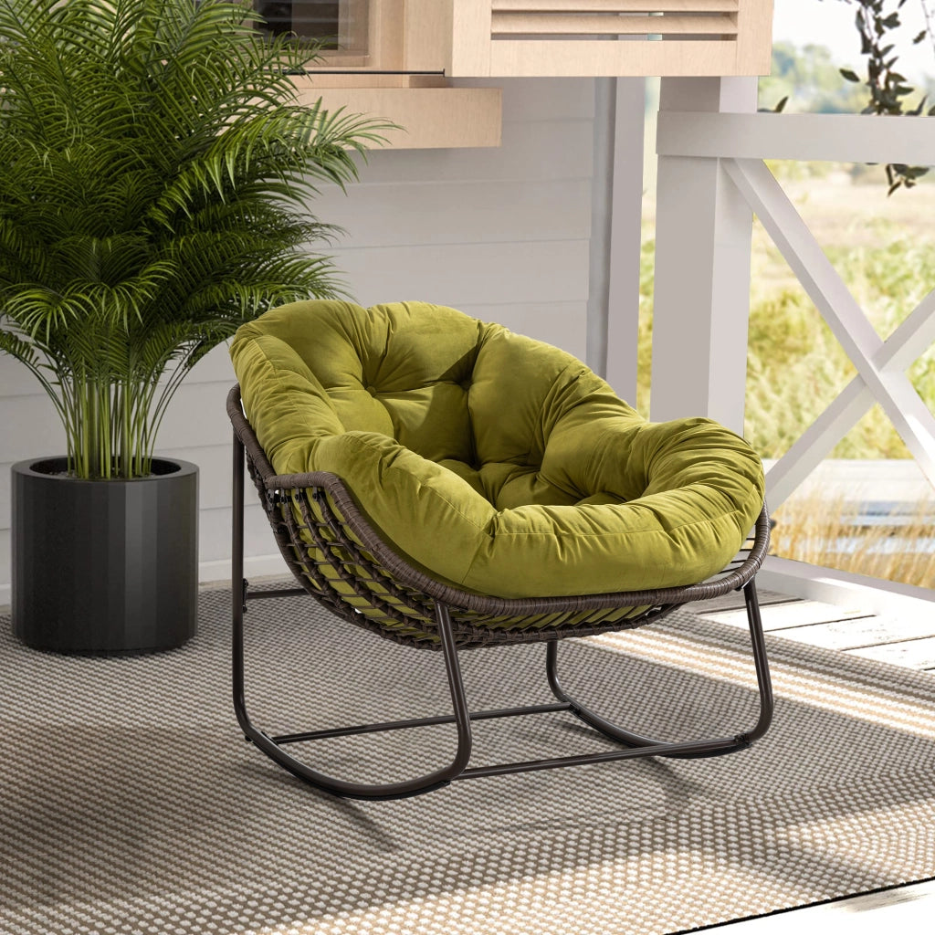 Rocking-chair in rattan sintetico con struttura in acciaio e design ergonomico, verde oliva 78 × 106 × 90 cm